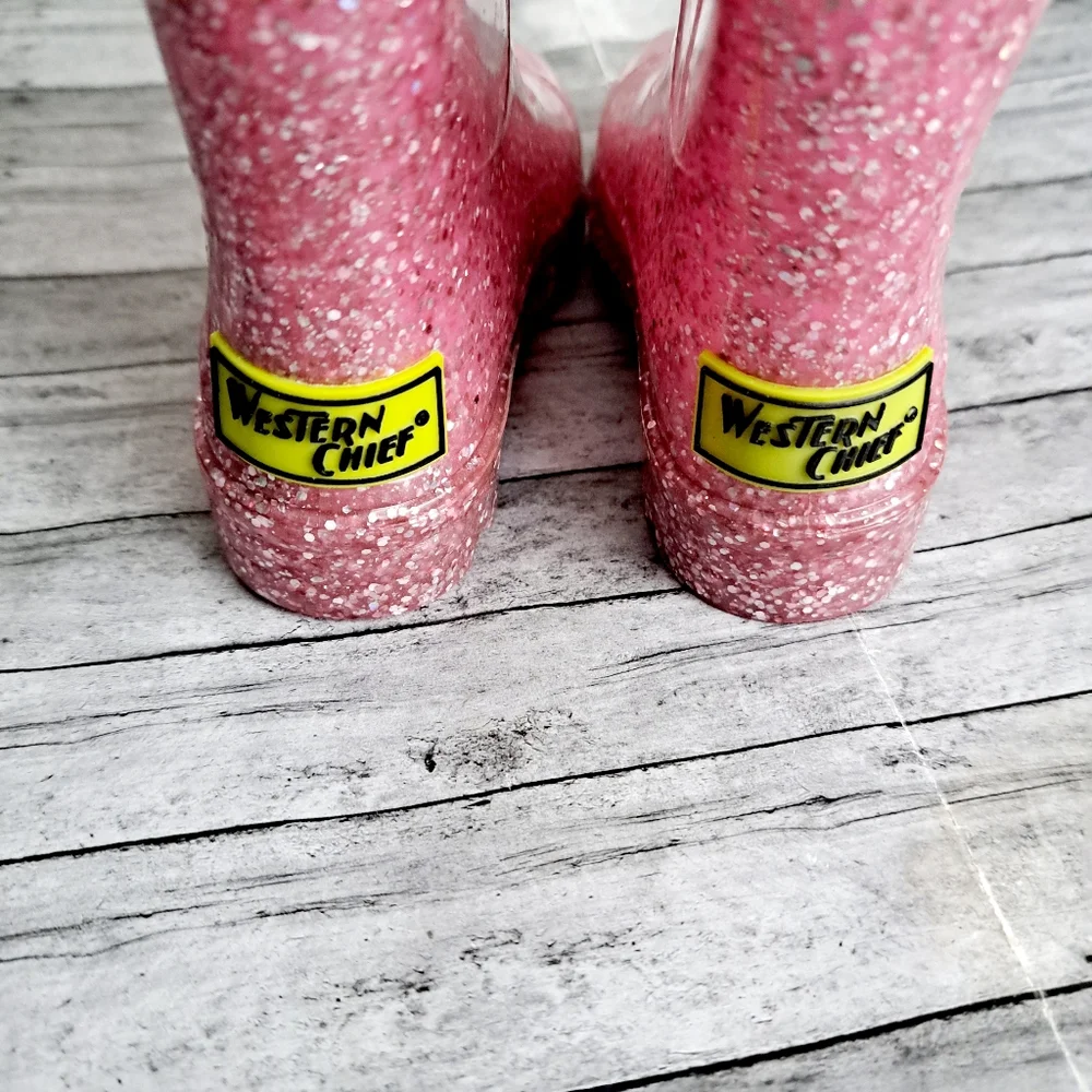 Western Chief  Girl's Kid's Glitter Lighted Pink Glitter Rain Boots Size 5
